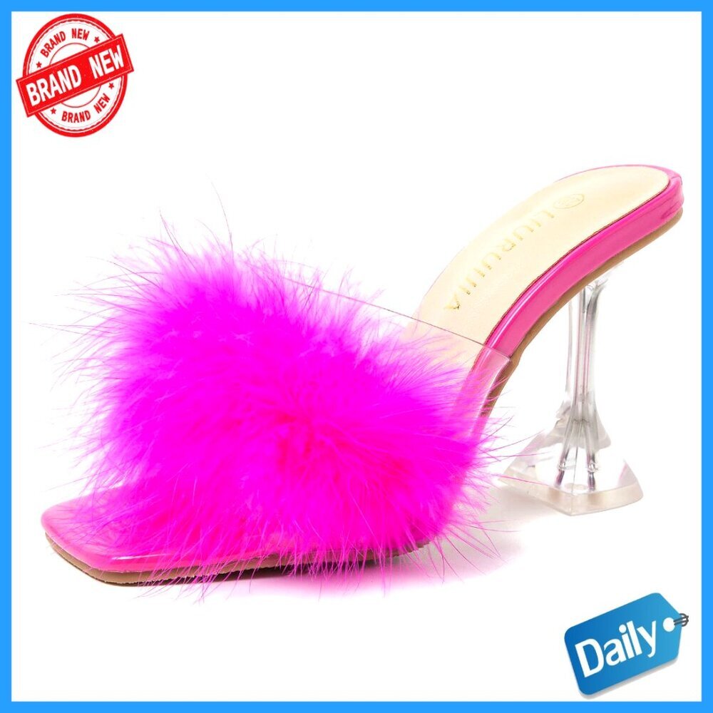 Feather Heeled Mules Square Toe Bridal Wedding Party Shoes Fluffy Sexy Clear